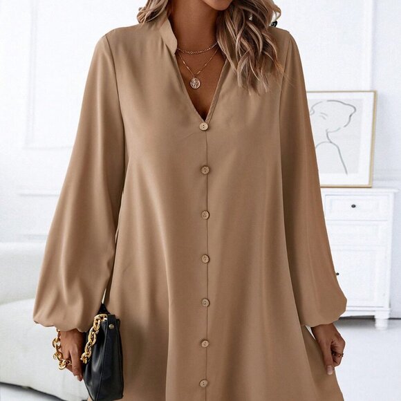 Khaki Casual Women's Notched Neckline Lantern Sleeve Dress - Picture 1 of 6